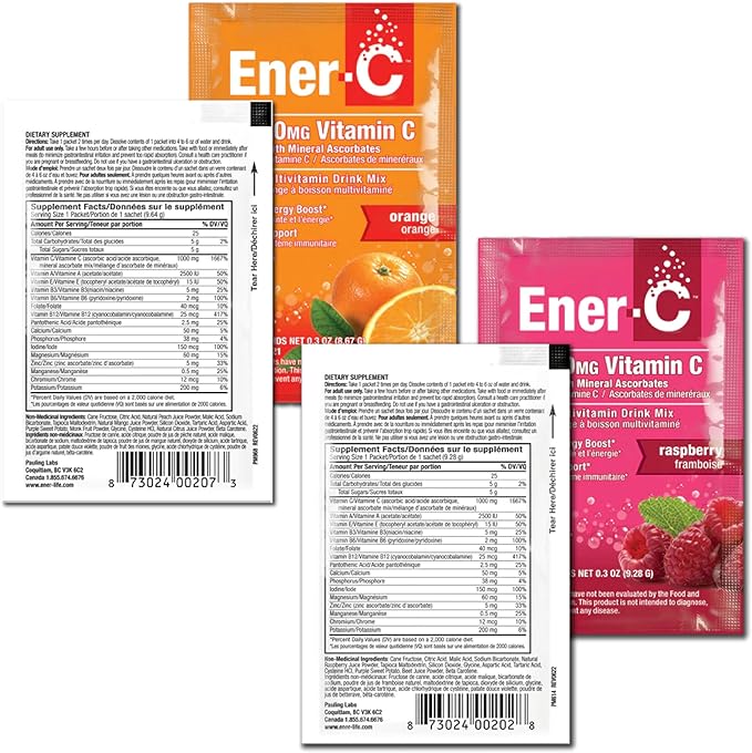 Ener-C Orange & Raspberry Multivitamin Drink Mix Powder Vitamin C 1000mg & Electrolytes with Real Fruit Juice Natural Energy & Immune Support for Women & Men - Non-GMO Vegan & Gluten Free - 60 Count