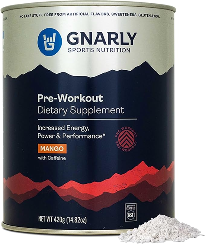 Gnarly Nutrition Natural Pre-Workout Powder - Endurance & Recovery, NSF Contents Certified, Vegan Pre Workout Wellness, Sports Nutrition - Mango, Caffeine 14.82oz