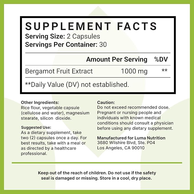 Luma Nutrition Citrus Bergamot 1000mg - Citrus Bergamot Supplement - Made in The USA - Veteran Owned - 60 Capsules