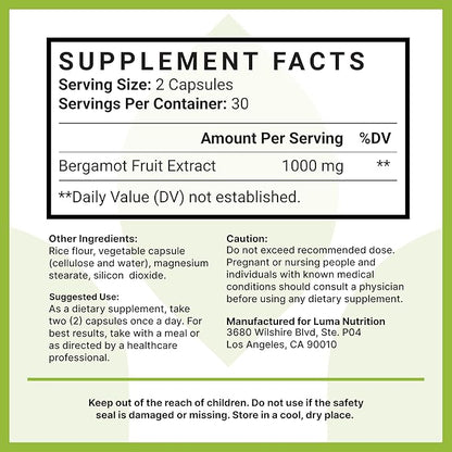 Luma Nutrition Citrus Bergamot 1000mg - Citrus Bergamot Supplement - Made in The USA - Veteran Owned - 60 Capsules