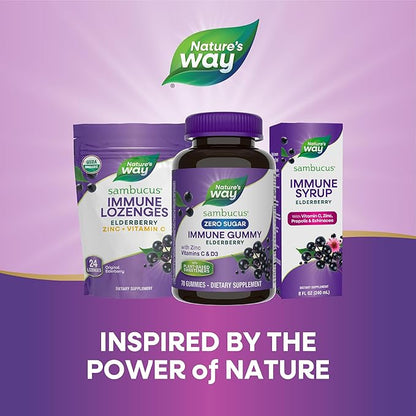 Nature’s Way Sambucus Zero Sugar Immune Gummies, Daily Immune Support*, Black Elderberry Extract, Vitamin C, Vitamin D3, Zinc, Sugar Free, Sugar Alcohol Free, Plant-Based Sweeteners, 70 Gummies