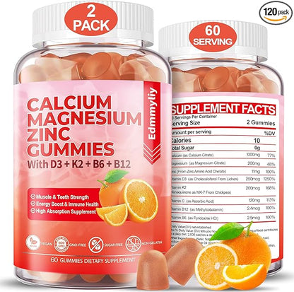 Sugar Free Calcium Magnesium Zinc Supplement Gummies with Vitamin D3 & B12 for Women and Men High Absorption Calcium Magnesium Supplement for Bone & Teeth Strength, Muscle & Immune (120 Counts)