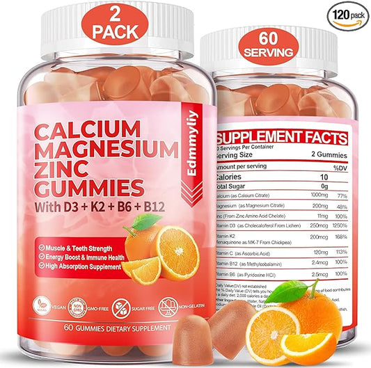 Sugar Free Calcium Magnesium Zinc Supplement Gummies with Vitamin D3 & B12 for Women and Men High Absorption Calcium Magnesium Supplement for Bone & Teeth Strength, Muscle & Immune (120 Counts)