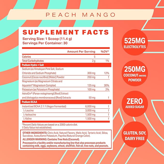 Podium Nutrition, Instantized BCAA Powder, Hydro and Salt, Mango Peach, 30 Servings, Electrolytes, Hydration, Recovery