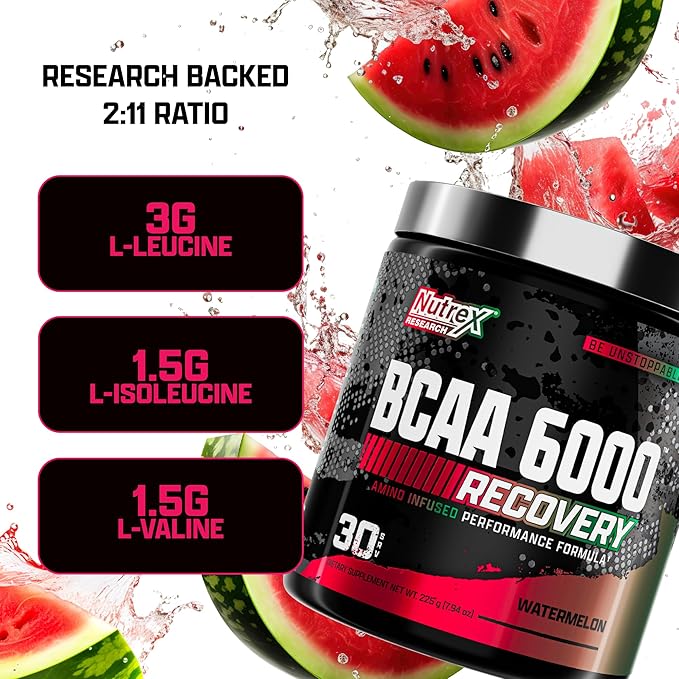 Nutrex Research - BCAA Powder 6000 Amino Acid - 6 Grams of BCAAs Amino Acids Supplement for Post Workout Recovery & Muscle Growth - Amino Energy Workout Recovery Drink (Watermelon - 30 Servings)