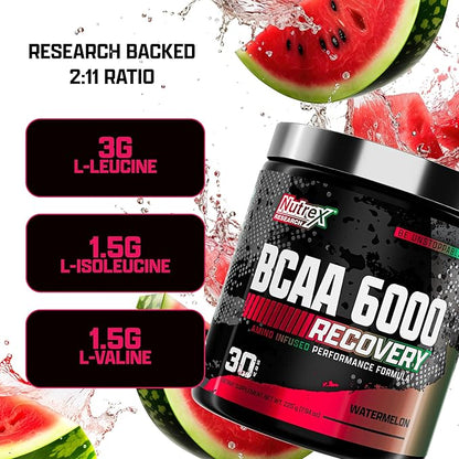 Nutrex Research - BCAA Powder 6000 Amino Acid - 6 Grams of BCAAs Amino Acids Supplement for Post Workout Recovery & Muscle Growth - Amino Energy Workout Recovery Drink (Watermelon - 30 Servings)