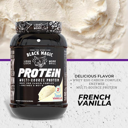 Worldwide Nutrition Black Magic Multi-Source Protein Powder - Whey, Egg Albumin Enzymes, Micellar Casein & MCTs - Muscle Mass Gaining - French Vanilla Flavor - 2 LB with Bonus Multi Purpose Key Chain