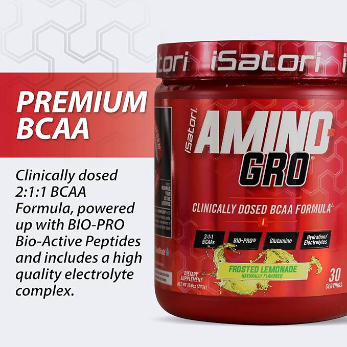 iSatori Amino-GRO BCAA Powder, Branched Chain Amino Acids with Glutamine, Electrolyte Powder & Bio-GRO Bio-Active Peptides for Muscle Growth & Post Workout Recovery, Frosted Lemonade (30 Servings)