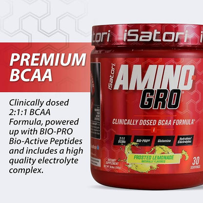 iSatori Amino-GRO BCAA Powder, Branched Chain Amino Acids with Glutamine, Electrolyte Powder & Bio-GRO Bio-Active Peptides for Muscle Growth & Post Workout Recovery, Frosted Lemonade (30 Servings)