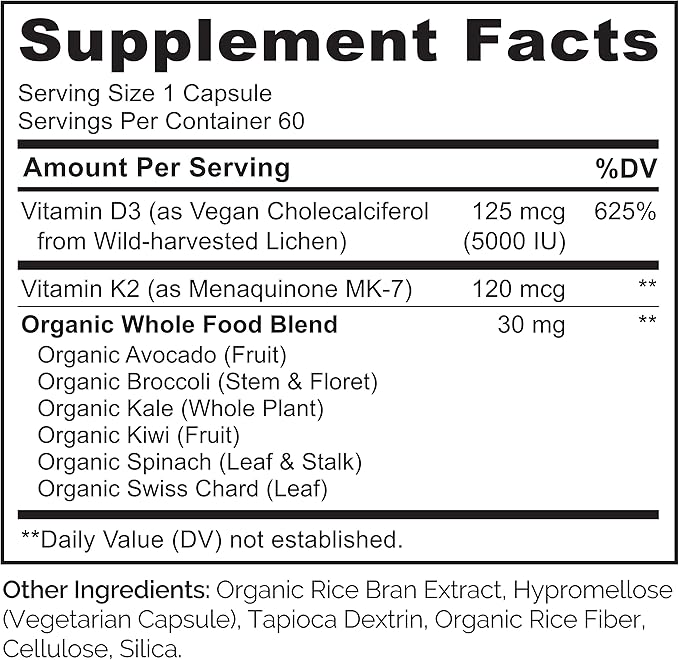 NATURELO Vitamin D3 K2 - Vegan K2+D3 with Plant Based D3 from Lichen - Natural D3 Supplement for Immune System, Bone Support, Heart Health - Whole Food - Non-GMO - Gluten Free, 60 Capsules