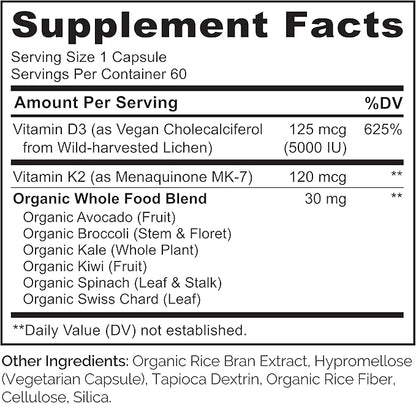 NATURELO Vitamin D3 K2 - Vegan K2+D3 with Plant Based D3 from Lichen - Natural D3 Supplement for Immune System, Bone Support, Heart Health - Whole Food - Non-GMO - Gluten Free, 60 Capsules