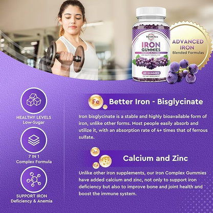 Iron Gummies - with Calcium, Zinc, Folate & Vitamin B12, C, B6 for Adults & Kids - Blood Builder & Energy Support for Iron Deficiency, Anemia, Vegan - 2 Pack Grape Flavour,60 Gummies