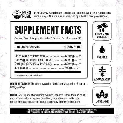 Nootropic Memory Booster Supplement for Adults - Lion’s Mane Capsules with Omega-3, Ashwagandha & L-Theanine for Focus & Memory - Gluten-Free 60 Capsules