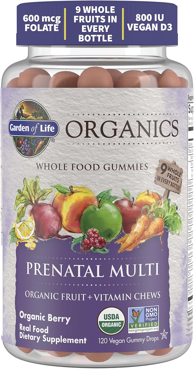 Garden of Life Organics Prenatal Gummies Multivitamin with Vitamin D3, B6, B12, C & Folate for Healthy Fetal Development – Organic, Non-GMO, Gluten-Free, Vegan, Berry Flavor, 30 Day Supply