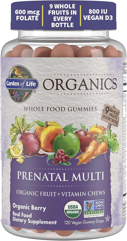 Garden of Life Organics Prenatal Gummies Multivitamin with Vitamin D3, B6, B12, C & Folate for Healthy Fetal Development – Organic, Non-GMO, Gluten-Free, Vegan, Berry Flavor, 30 Day Supply