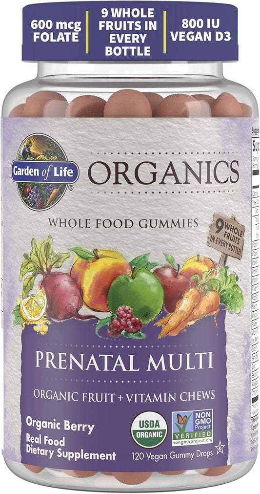 Garden of Life Organics Prenatal Gummies Multivitamin with Vitamin D3, B6, B12, C & Folate for Healthy Fetal Development – Organic, Non-GMO, Gluten-Free, Vegan, Berry Flavor, 30 Day Supply