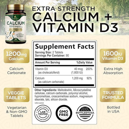 Calcium 1200 mg with Vitamin D3, Calcium Supplement Vitamins, Supports Bone Strength, Teeth & Immune System, Calcium Supplements for Women & Men, Nature's Absorbable Calcium Carbonate - 180 Tablets
