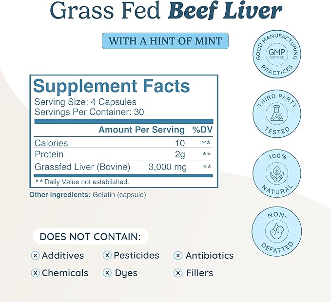Beef Liver Capsules Grass Fed Supplement - Desiccated & Natural Source of Protein, Iron, Vitamins A & B- Boosts Energy and Immunity | USA Grown, Non-GMO, Gluten Free