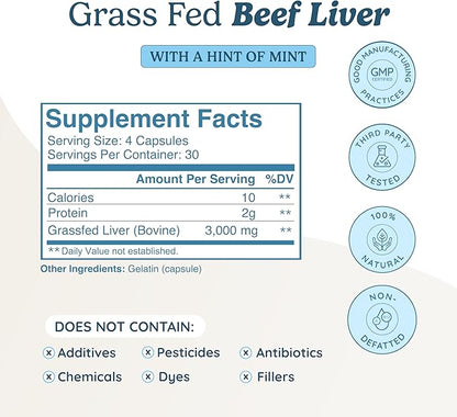 Beef Liver Capsules Grass Fed Supplement - Desiccated & Natural Source of Protein, Iron, Vitamins A & B- Boosts Energy and Immunity | USA Grown, Non-GMO, Gluten Free