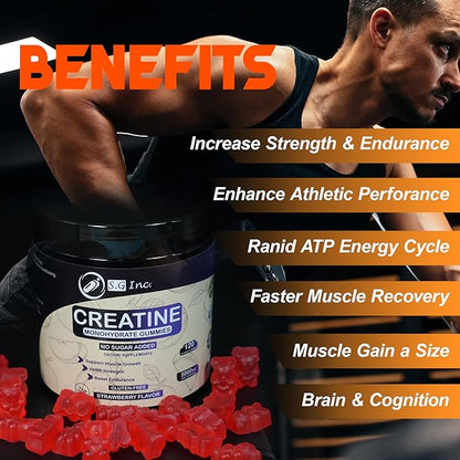 S.G Creatine Monohydrate Gummies for Men & Women ‒ Sugar Free 5g Creatine Monohydrate Gummies for Muscle Support ‒ Pre-Work Out Chewable Supplements for Energy Boost ‒ Strawberry Flavored 120 Gummies