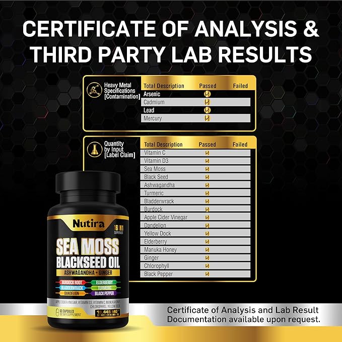 Sea Moss & Shilajit Multivitamin Bundle - Sea Moss 7000mg, Shilajit 9000mg, Black Seed Oil 4000mg, Ashwagandha 2000mg, Ginger & Rhodiola Rosea 1000mg, All in 1 Supplements (60 Count) (1 Pack)