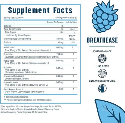 Mullein Leaf Extract for Lungs - Lung Detox Gummies - Daily Respiratory Health Support - Cleanse for Smokers - Allergy, Sinus, and Mucus Relief