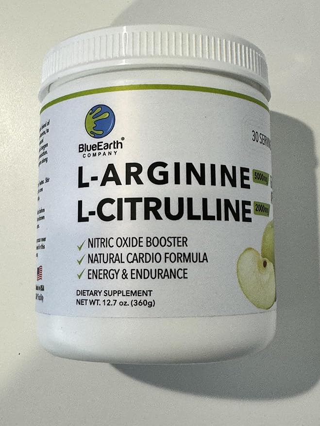 L-Arginine 5000mg + L-Citrulline 2000mg Complex Powder Supplement Drink Mix - Nitric Oxide Booster for Heart Health, Blood Flow & Energy - 30 Servings (Green Apple)