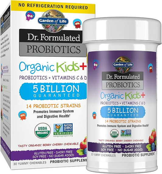 Garden of Life Dr. Formulated Probiotics Organic Kids+ Plus Vitamin C & D - Berry Cherry - Gluten, Dairy & Soy Free Immune & Digestive Health Supplement, No Added Sugar, 30 Chewables (Shelf Stable)
