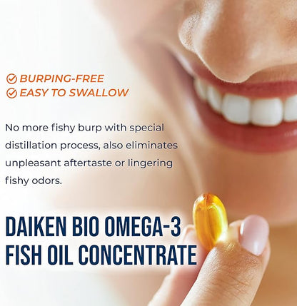DAIKEN rTG Omega 3 1000mg, High Absorption & Burpless Fish Oil 1200 mg, Mini Fish Oil Softgels for Healthy Heart, Brain and Dry Eyes Support, 60 Small Softgels