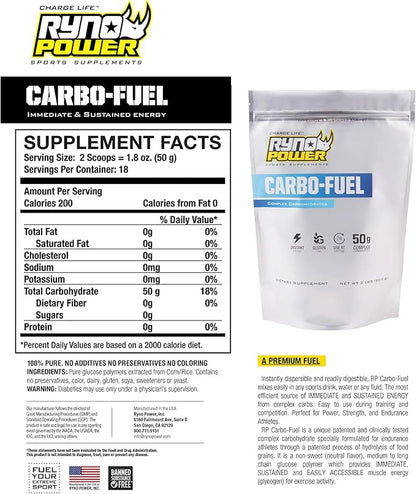 Ryno Power Carbo-Fuel Stimulant-Free Drink Mix 2lb (20 Servings) - All-Natural Pure Carbohydrate Powder for Athletic Performance - Vegan and Gluten Free