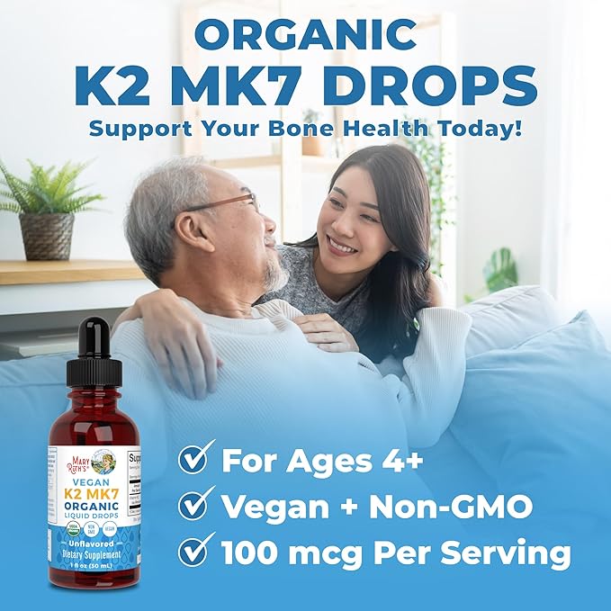 MaryRuth Organics USDA Organic Vitamin K2 MCT Liquid Drops for Adults & Kids | 100 mcg K2 MK7 per serving + Organic MCT Oil | Vegan K2 Vitamin for Bone Health | Heart Health | Calcium Absorption | 1oz