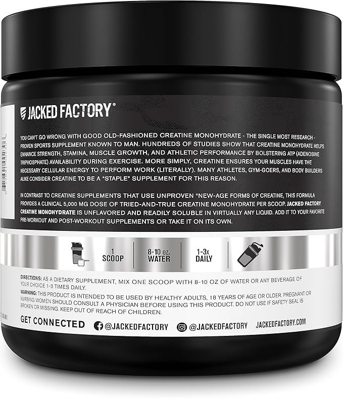 Jacked Factory Creatine Monohydrate Powder 150g - Creatine Supplement for Muscle Growth, Increased Strength, Enhanced Energy Output and Improved Athletic Performance 30 Servings, Unflavored