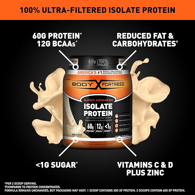 Body Fortress 100% Ultra-Filtered Isolate Protein Powder, Vanilla, 60g Protein & 12g BCAAs Per 2 Scoops, Muscle Gain & Recovery, Immune Support with Vitamins C & D, 1.5lbs,Packaging May Vary