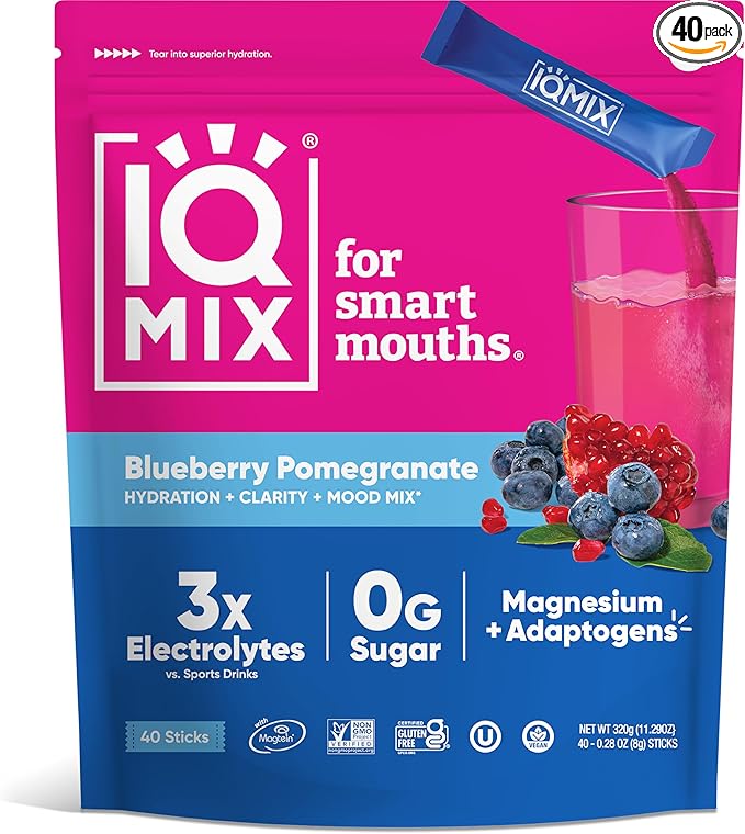 IQMIX Sugar Free Electrolytes Powder Packets - Hydration Supplement Drink Mix with Keto Electrolytes, Lions Mane, Magnesium L-Threonate, and Potassium Citrate - Blueberry Pomegranate (40 Count)