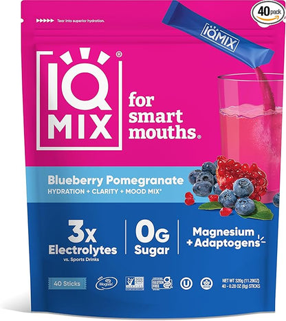 IQMIX Sugar Free Electrolytes Powder Packets - Hydration Supplement Drink Mix with Keto Electrolytes, Lions Mane, Magnesium L-Threonate, and Potassium Citrate - Blueberry Pomegranate (40 Count)