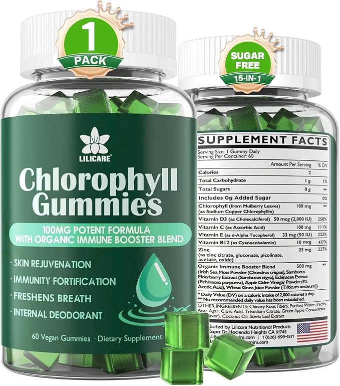 Sugar Free Chlorophyll Gummies - with Unfiltered ACV, Sea Moss & Elderberry, Echinacea, Vitamin D3, C, E, B12 - Natural Deodorant, Breathe Fresh, Immune & Digestion Support, Vegan Delicious Chews 60Ct