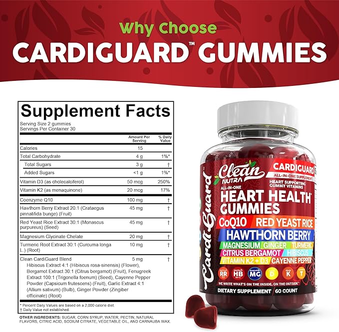 Coq10 Gummies | Red Yeast Rice Hawthorn Berry Ginger Turmeric Citrus Bergamot Hibiscus Vitamin K2+D3 Magnesium Glycinate Cayenne Pepper Fenugreek Orange Flavor CardiGuard by Clean Nutra