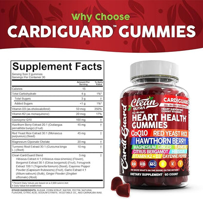 Coq10 Gummies | Red Yeast Rice Hawthorn Berry Ginger Turmeric Citrus Bergamot Hibiscus Vitamin K2+D3 Magnesium Glycinate Cayenne Pepper Fenugreek Orange Flavor CardiGuard by Clean Nutra