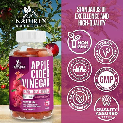 Vegan Apple Cider Vinegar Gummies 1000mg for Detox & Cleanse, ACV Gummy Vitamin B12 for Digestion Metabolism & Immune Health Support, Natural Apple Raspberry Flavor, Gluten Free - 120 Gummies