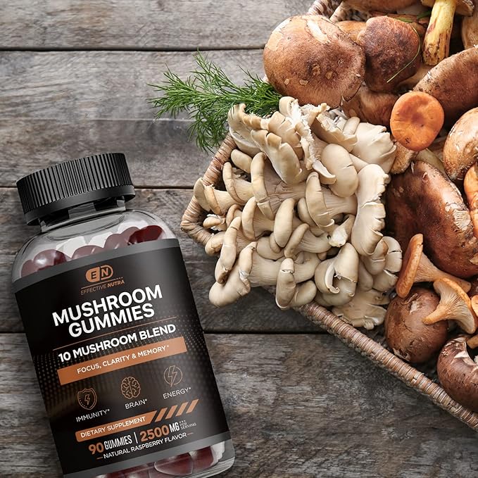 Mushroom Gummies 10 Blend - Mushroom Complex 2500mg - Brain Booster, Immune Support, Energy - Mushroom Supplement for Men & Women (90ct)