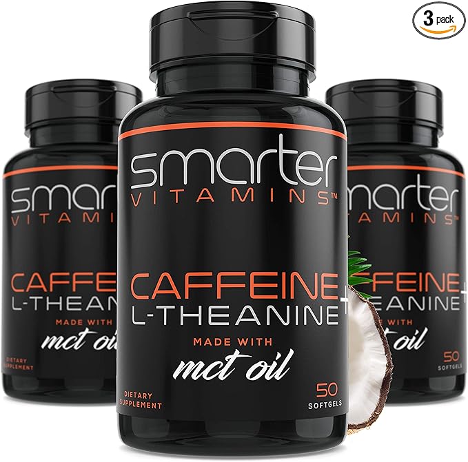 SmarterVitamins (3-Pack) 200mg Caffeine Pills with 100mg L-Theanine for Energy, Focus and Clarity + Coconut MCT Oil, Pre Workout, Nootropic Brain Booster, Extended Release Capsule