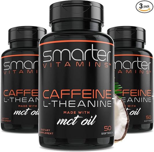SmarterVitamins (3-Pack) 200mg Caffeine Pills with 100mg L-Theanine for Energy, Focus and Clarity + Coconut MCT Oil, Pre Workout, Nootropic Brain Booster, Extended Release Capsule