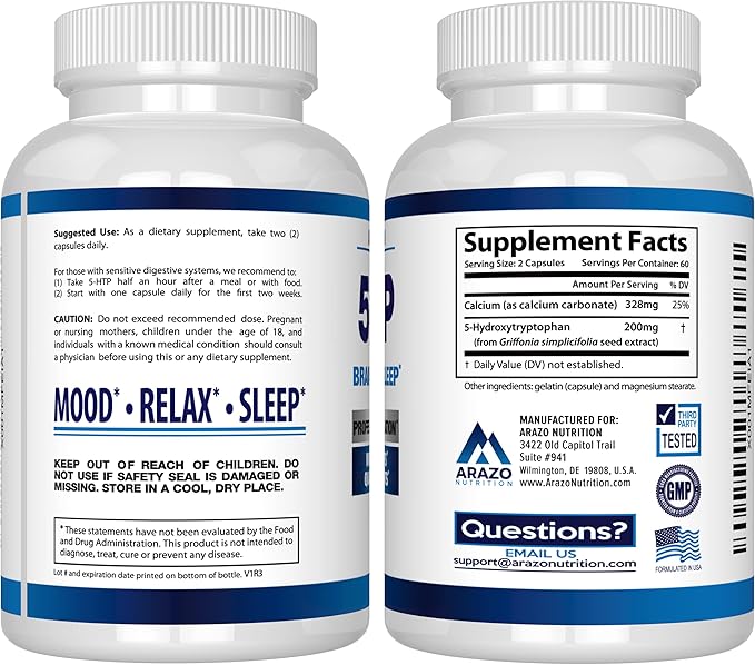 Arazo Nutrition 5-HTP 200 MG Plus Calcium for Mood, Sleep – Supports Calm and Relaxed Mood – 99% High Purity – 120 Capsules