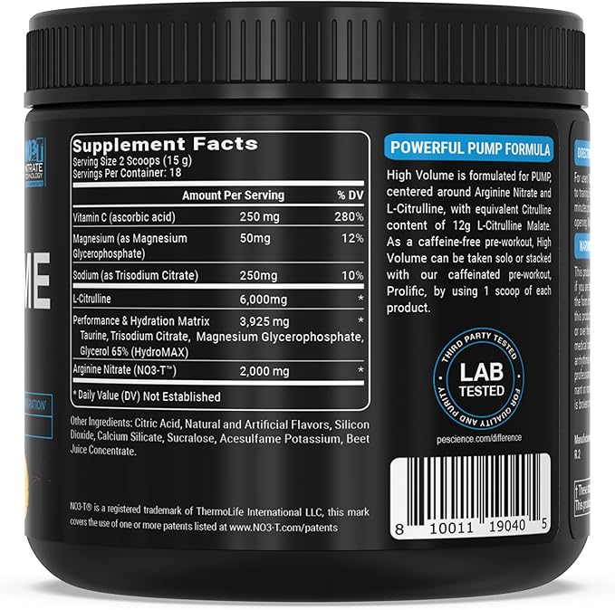 PEScience High Volume Nitric Oxide Booster Pump Pre Workout Powder, Guava Pineapple Punch, 36 Scoops, Caffeine Free