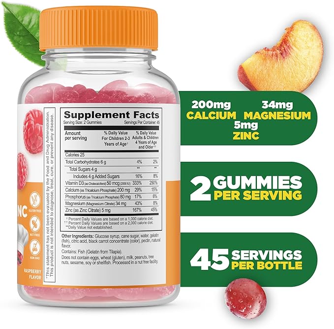 Lifeable Kids Calcium Magnesium Zinc Gummies | Calcium with Vitamin D3 | Great Tasting Calcium Supplements for Kids | Kids Calcium Gummies for Bone Health | Magnesium Calcium for Kids | 90 Gummies