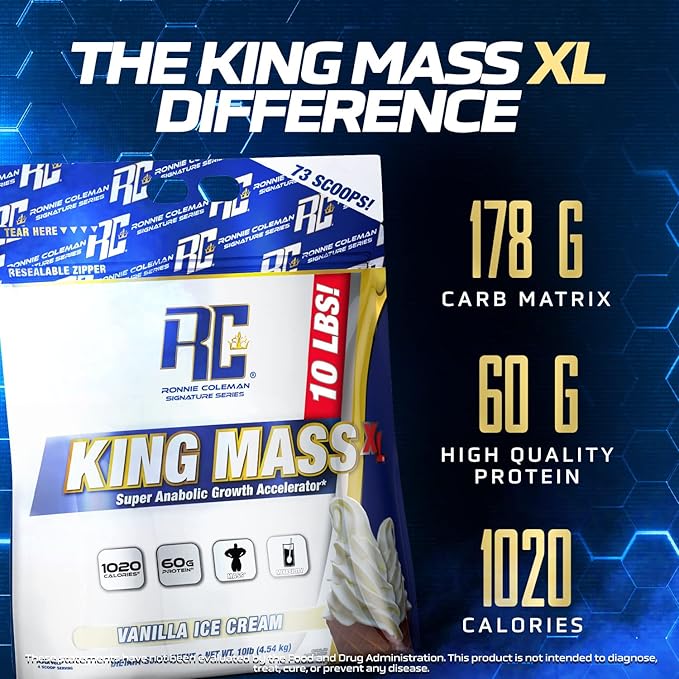 Ronnie Coleman Signature Series King Mass XL Mass Gainer Protein Powder, Muscle Gainer, 60g Protein, 180g Carbohydrates, 1,000+ Calories, Creatine and Glutamine, Vanilla Ice Cream, 10 Pound