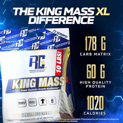 Ronnie Coleman Signature Series King Mass XL Mass Gainer Protein Powder, Muscle Gainer, 60g Protein, 180g Carbohydrates, 1,000+ Calories, Creatine and Glutamine, Vanilla Ice Cream, 10 Pound