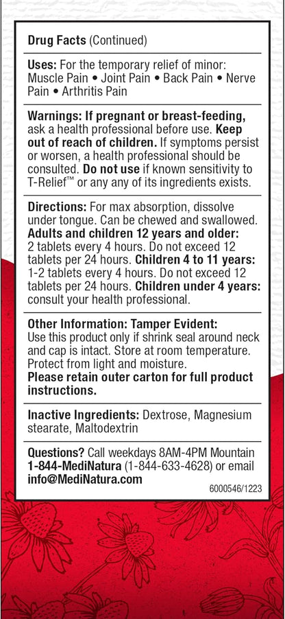 T-Relief Arnica +12 Natural Relieving Actives for Back Pain Joint Soreness Muscle Aches & Stiffness Whole Body Fast-Acting Relief for Women & Men - 100 Tablets