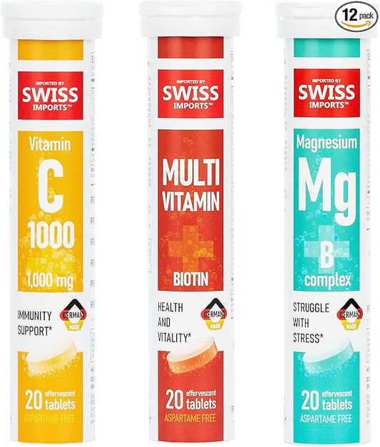 Effervescent Variety Pack with Vitamin C 1000mg, Magnesium + B Complex, Multivitamin + Biotin, 12-Pack, 240 Tablets