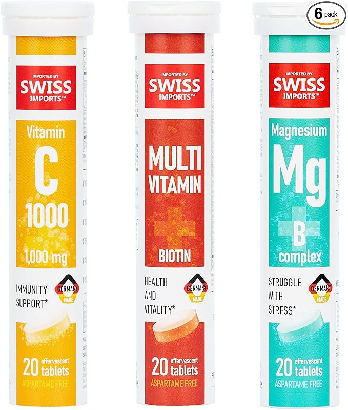 Effervescent Variety Pack with Vitamin C 1000mg, Magnesium + B Complex, Multivitamin + Biotin, 6-Pack, 120 Tablets